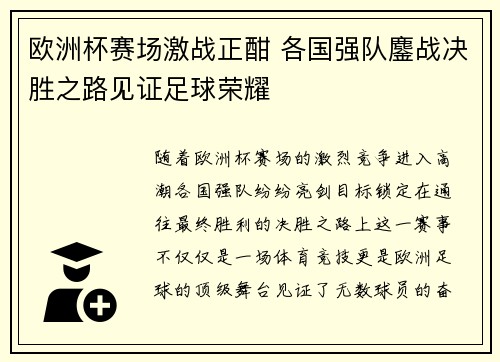 欧洲杯赛场激战正酣 各国强队鏖战决胜之路见证足球荣耀