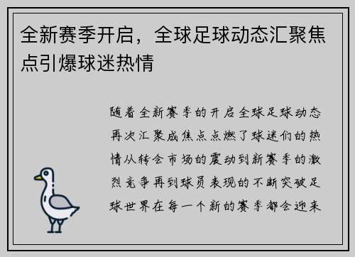 全新赛季开启,全球足球动态汇聚焦点引爆球迷热情 全新赛季开启,全球足球动态汇聚焦点引爆球迷热情