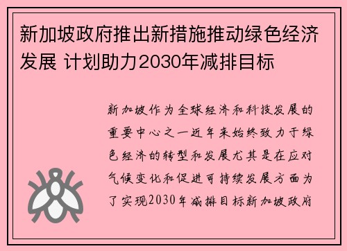 新加坡政府推出新措施推动绿色经济发展 计划助力2030年减排目标 新加坡政府推出新措施推动绿色经济发展 计划助力2030年减排目标